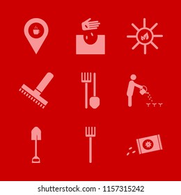 garden vector icons set. with person watering can, sun leaves, shovel and spade pitchfork in set