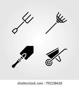 Garden vector icons set. rake, wheelbarrow and fork