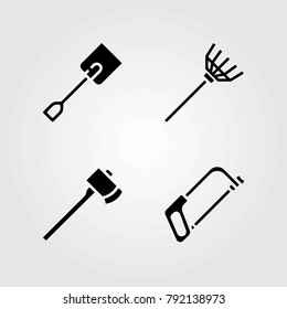 Garden vector icons set. rake, axe and handsaw