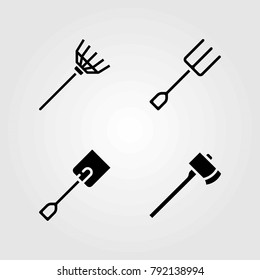 Garden vector icons set. rake, fork and spade