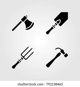 Garden vector icons set. shovel, axe and hammer