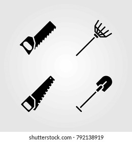 Garden vector icons set. shovel, handsaw and rake