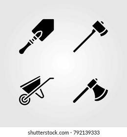 Garden vector icons set. shovel, wheelbarrow and axe