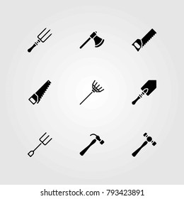 Garden vector icons set. shovel, fork and axe
