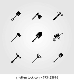 Garden vector icons set. shovel, rake and axe
