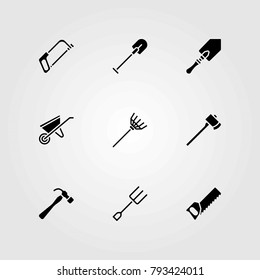 Garden vector icons set. shovel, wheelbarrow and axe