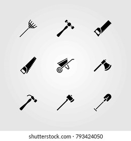 Garden vector icons set. shovel, wheelbarrow and hammer