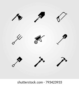 Garden vector icons set. spade, fork and hammer