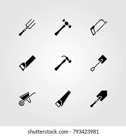 Garden vector icons set. spade, handsaw and hammer
