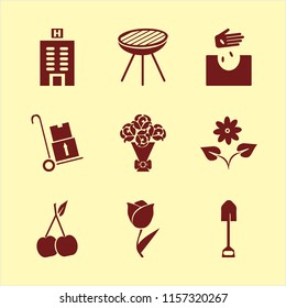 garden vector icons set. with tulip, hand seeds, cherry and hotel building in set