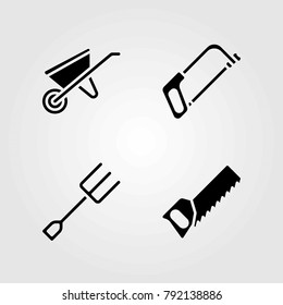 Garden vector icons set. wheelbarrow, handsaw and fork
