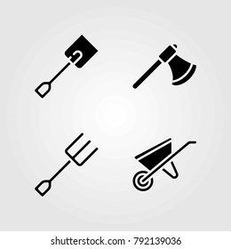 Garden vector icons set. wheelbarrow, fork and spade