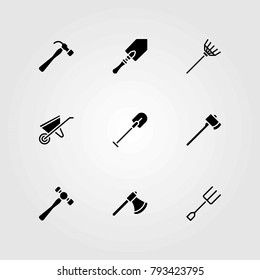Garden vector icons set. wheelbarrow, axe and rake