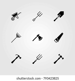 Garden vector icons set. wheelbarrow, rake and fork