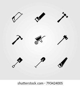 Garden vector icons set. wheelbarrow, shovel and handsaw