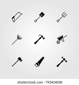 Garden vector icons set. wheelbarrow, hammer and axe