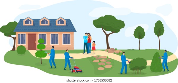 Garden Vector Illustration. Cartoon Flat Gardener Workers People Working In Backyard, Trimming Green Tree Shrub With Shears For Gardening And Landscape Design, House For Happy Family Isolated On White