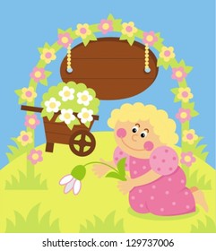 garden - vector illustration, girl gardener planting spring flower