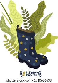 Garden vector illustration of green plants and farm rubber boots isolated on white. Gardening agriculture.