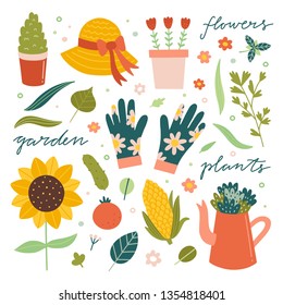 Garden vector illustrations and icons. Plants, flowers, floral elements