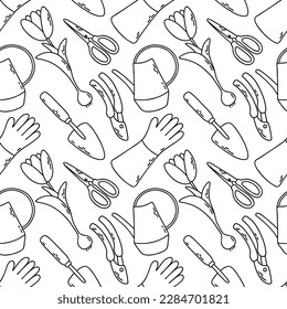 Garden vector seamless pattern with gloves, scissors, tulip, watering can, secateurs, shovel. Outline illustration for textile, paper.