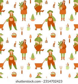 Garden vector seamless pattern in orange and green colors. Women with watering can, plant, cart and scissors, shovel, pitchfork. Gardening hobby.