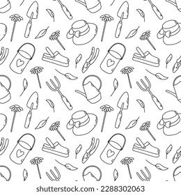 Garden vector seamless pattern with watering can, secateurs, shovel, hat, bucket, pitchfork, slipper, flowers, leaves. Outline illustration for textile, paper.