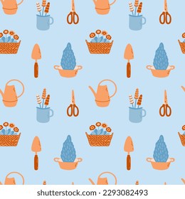 Garden vector seamless pattern with watering can, shovel, plants, scissors. Illustration for textile, paper.