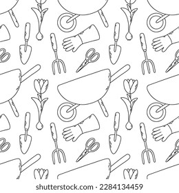 Garden vector seamless pattern with wheelbarrow, gloves, scissors, tulip, shovel, pitchfork. Outline illustration for textile, paper.