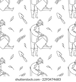 Garden vector seamless pattern with woman, watering can, shovel, secatures, leaves. Illustration for textile, paper.