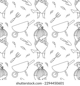 Garden vector seamless pattern with woman, watering can, shovel, leaves, wheelbarrow, pitchfork. Illustration for textile, paper.