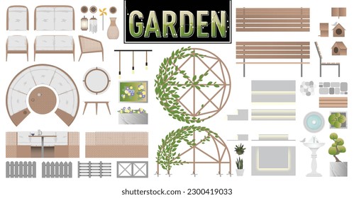 Garden Vector Set with Plan and Elevation Views of Outdoor Furniture