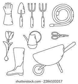 Garden vector set with wheelbarrow, gloves, scissors, shovel, pitchfork, rubber boots, water hose, watering can, tulip. Outline illustration
