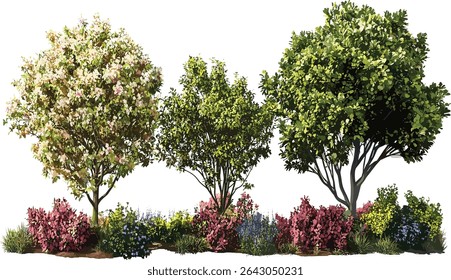 Garden vector shrubbery trees cutout, blooming plants, flowers, nature artwork, landscaping decor, green bushes, outdoor design, natural garden illustrations, eco friendly