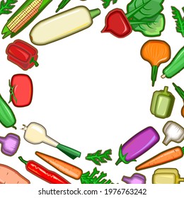 Garden vegetables. Cartoon flat style. Frame. Zucchini, cucumber, carrots, peppers, potatoes, onions, garlic, herbs, beets, eggplant. Background illustration. Isolated Vector