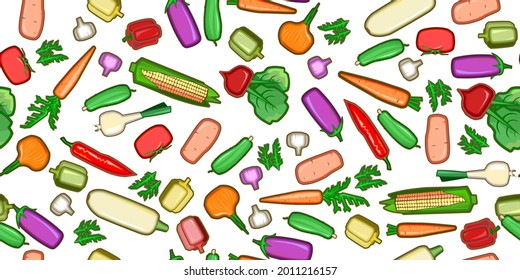 Hortalizas de jardín. Caricatura de estilo plano. Sin inconveniente. Zucchini, pepino, zanahorias, pimientos, patatas, cebolla, ajo, hierbas, remolacha, berenjena. Fondo aislado. Vector