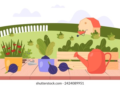 Garden with vegetables flat vector illustration. Watering pot, onion and flowers in pots, shovel and rake. Springtime gardening concept