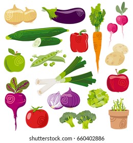 Garden vegetables fresh cartoon vector set isolated on white