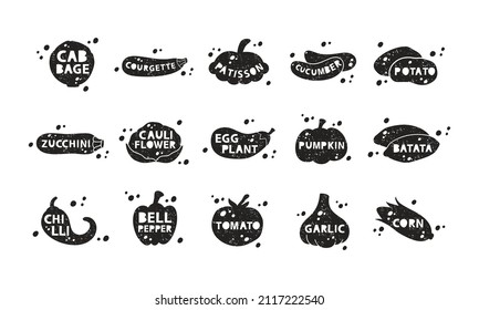 Garden vegetables, grunge stickers collection. Cabbage, cucumber, pumpkin, corn, potato, zucchini, pepper. Black texture silhouette, lettering inside. Imitation of stamp with scuffs