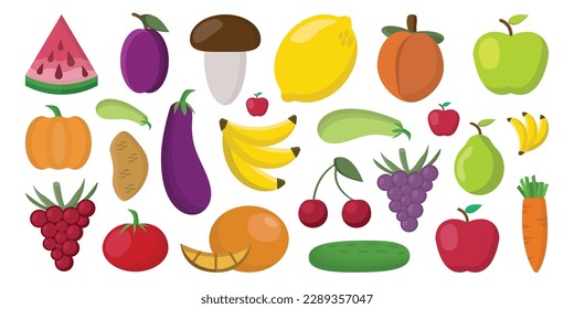 verduras y frutas sanas. productos saludables para el hogar. Alimentos saludables, frutas, bayas calabaza de tomate pepino berenjena zanahoria de patata. gráficos de dibujos animados planos simples vectoriales.