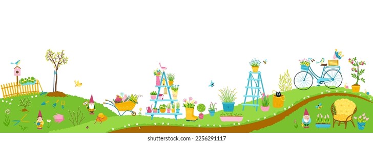 Garden vertical landscape panorama. Spring illustration in hand drawn doodle style with flowers, work tools, garden gnomes and black cat