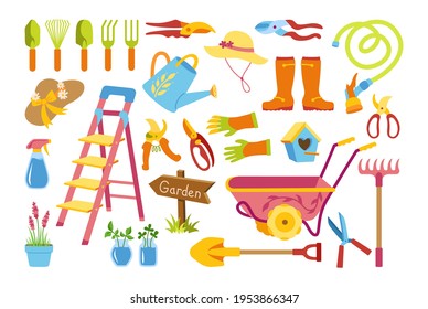 Garden village flat cartoon set. Birdhouse, rustic stepladder. Rubber boots, rake and gloves, shovel secateurs. Garden cart, hat and watering can, hose. Hand drawn Isolated vector illustration