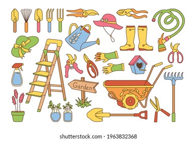 Garden village line cartoon set. Birdhouse, rustic stepladder. Rubber boots, rake and gloves, shovel secateurs. Garden cart, hat watering can, hose. Hand drawn Isolated vector illustration