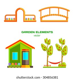 Garden, village set elements. Vector flat illustration.