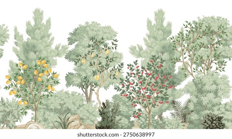 Garden vintage trees, cherry tree, lemon, pear, plants landscape seamless border white background. Botanical mural.