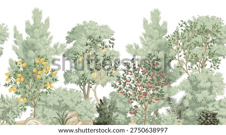 Garden vintage trees, cherry tree, lemon, pear, plants landscape seamless border white background. Botanical mural.