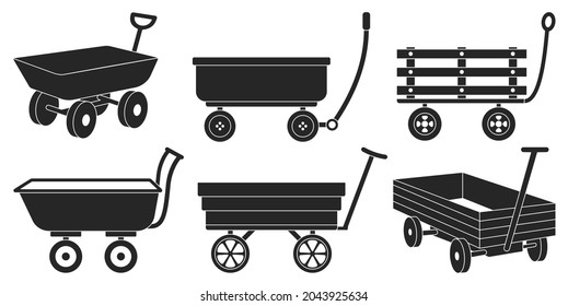 Gartenwagen, schwarze Vektorgrafik auf weißem Hintergrund. Farm Wheelbarrow Set Symbol.Vektorgrafik-Set Symbol Ausrüstung des Gartenwagens.