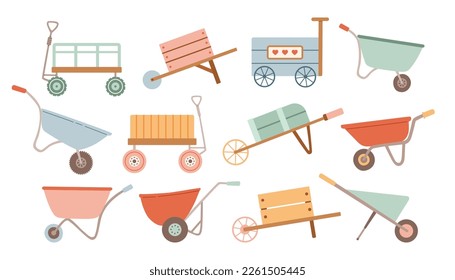 Garden wagon cartoon vector illustration on white background. Farm wheelbarrow set icon. Vector illustration