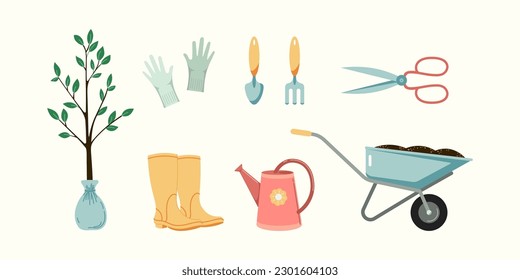 Garden ware flat style vector illustrations set. Gardening equipment and products including tools, garden shoes, wheelbarrow and seedlings collection. Isolated