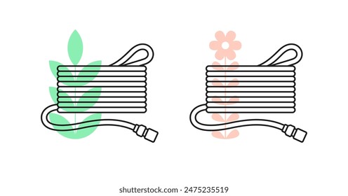 Garden water hose icons with green plant and pink flower. Coiled rubber hosepipe with connector for pipes, taps, rainwater tanks. Vector outline flat illustrations isolated on white background